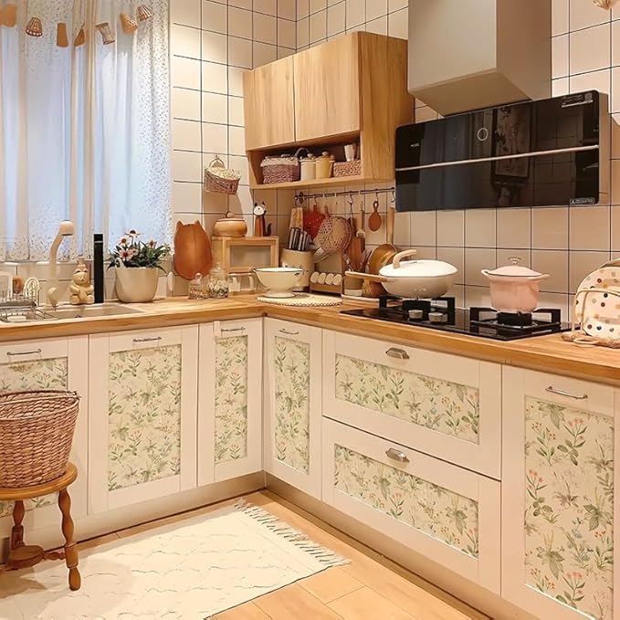Simon&Siff Vintage Floral Peel and Stick Wallpaper 17.3" x 480" | Beige Botanical Contact Paper Self Adhesive Removable Waterproof Wall Paper, Renter Friendly, Bedroom Cabinets DIY Decor