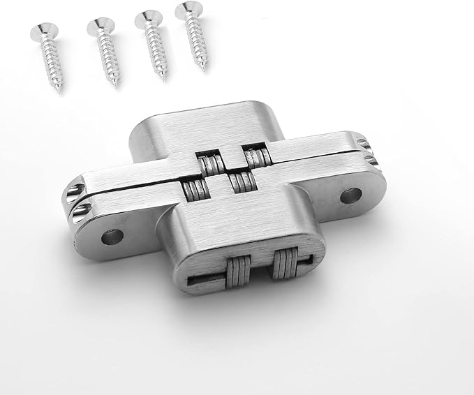 Hidden Gate Hinge 2-3/8" Stainless Steel 180 Degree Invisible Cross Hinges for Kitchen Cabinet Door Frameless Concealed Hinge with Screws, 4pcs