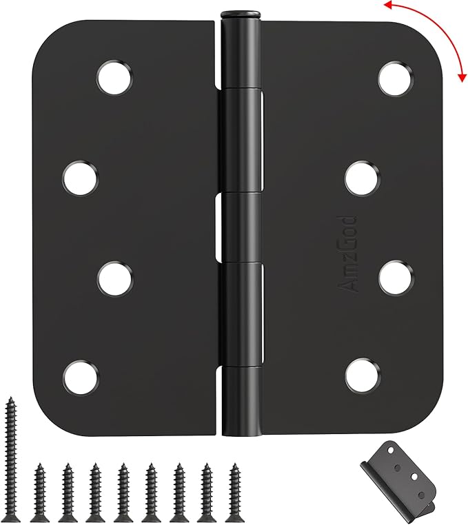 4 Inch Matte Black Door Hinges – 12 Pack Heavy Duty Black Door Hinges with 5/8" Radius, Interior and Exterior 4in x 4in Rounded Corners, Residential Door Hardware