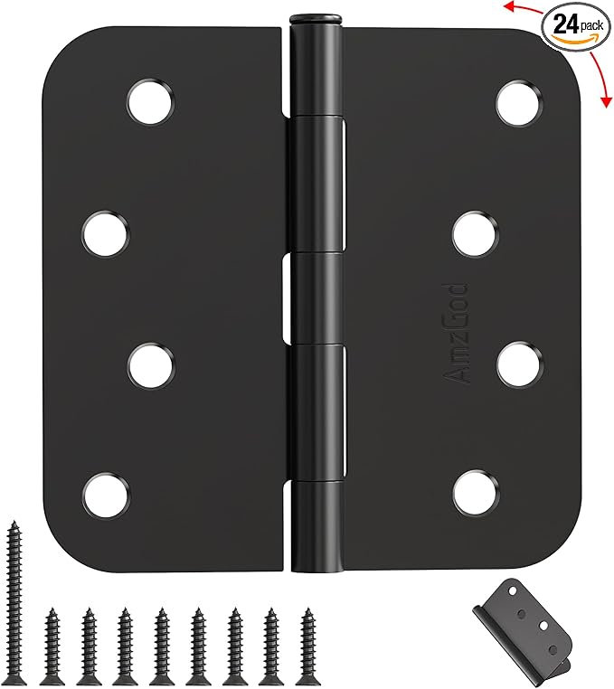 Matte Black Door Hinges - 24 Pack Black Door Hinge 4 Inch Rounded Interior Hinges with 5/8" Radius - Heavy Duty Exterior Door Hinges 4 in x 4 in Front Door Hinge Residential