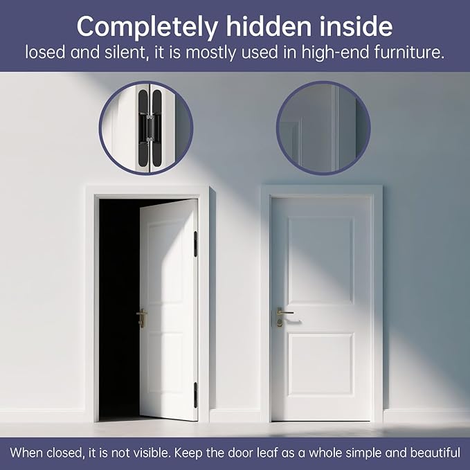 6" Hidden Hinges for Doors Invisible Hinge Concealed Hinges Zinc Alloy 180 Degree Swing Hinge 3 Way Adjustable Butt Silent Door Hinges 6 x 2.5 x 1 inch (Black Pack of 2)