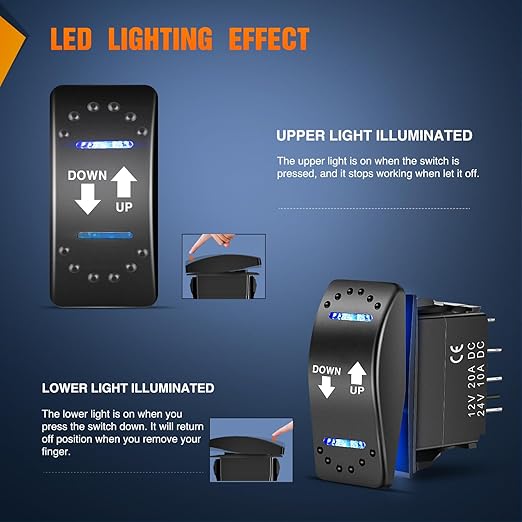 Nilight Down Up Polarity Reverse Blue LED Switch DPDT 20A 12V 24V 7PIN Momentary Rocker ON Off ON Toggle with Jumper Wires and Adaptor for Control Motor for Hoist Crane Linear Actuator