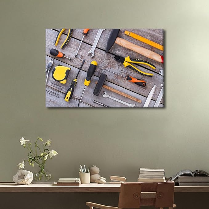 TUMOVO 1 Panels Wall Art for Office Various Tools for Working in the Workshop Picture Wrench Tape Measure Tape Glove Poster Canvas Print Artwork Home Study Repair Shop Wall Decor ((16" Wx24 H)
