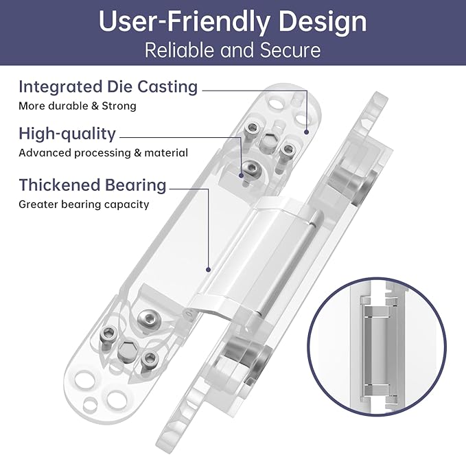 4-Pack 7 inch Hidden Hinges for Doors Invisible Hinges Concealed Zinc Alloy 180 Degree Swing 3 Way Adjustable Butt Silent Door Hinge 7 x 2.8 x 1 inch (White)