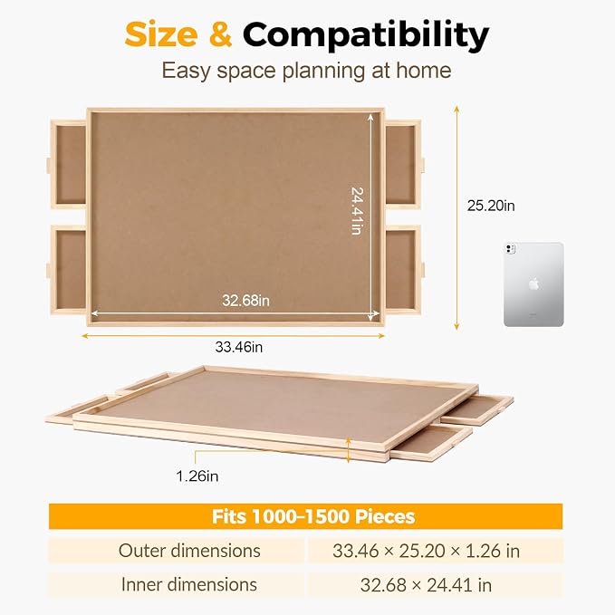 BuilderButler 1500 Pieces Rotating Puzzle Board with 4 Drawers,32.68"x24.41" Portable Wooden Jigsaw Puzzle Table with Lazy Susan Spinning Cover for Adults