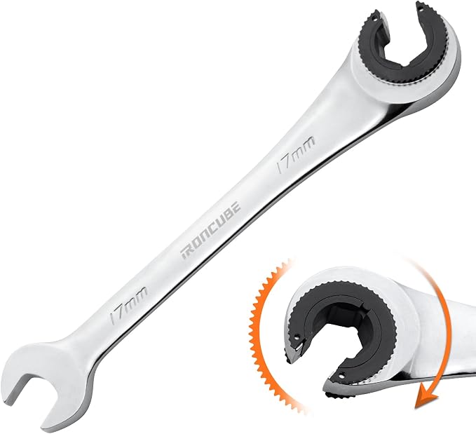 ironcube 17mm Brake Line Wrench Set: Metric Ratcheting Open-end for Nuts on Fuel, Brake or Air Conditioning Lines