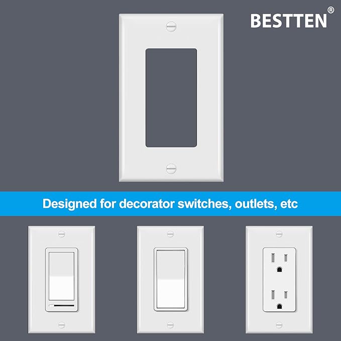 BESTTEN 20 Pack Receptacle Wall Plate, 1-Gang Standard Size Decorator Outlet and Switch Cover, Unbreakable Polycarbonate, H4.53” x W2.76”, UL Listed, White