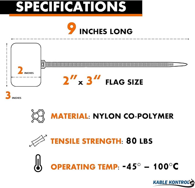 Kable Kontrol Cable Marker Identification Zip Ties 9 Inch 1000 Pcs – Orange | Large ID Flag Label Straps, Self-Locking Write on Tags for Ethernet, Power, and Cord Labeling
