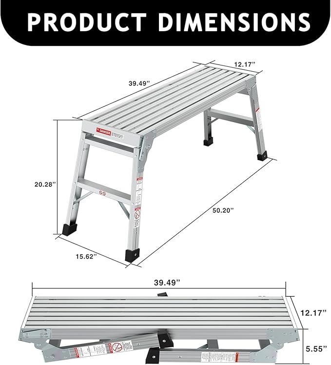 40" Aluminum Folding Work Platform - Portable Bench Ladder & Scaffolding for Adults, 225 LB Capacity, Non-Slip & Stable Design