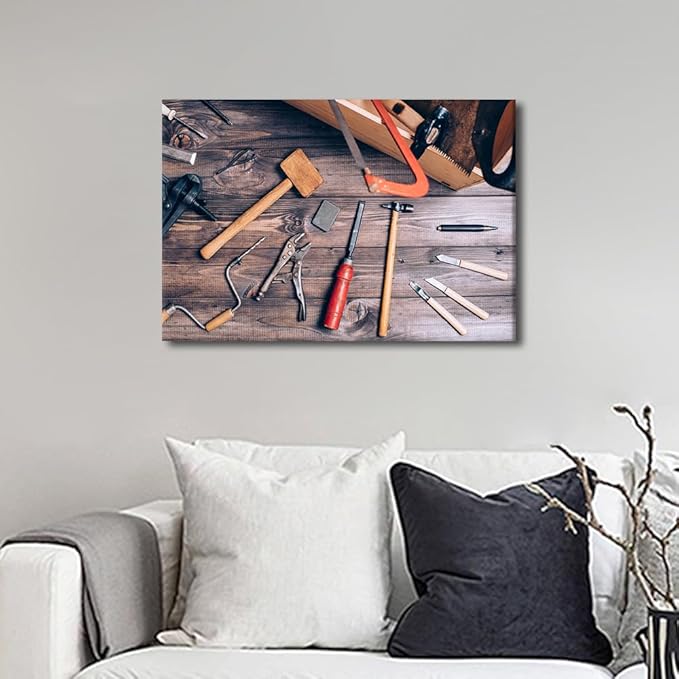 1 Panels Canvas Wall Art Instruments on Wooden Table Background Picture Hammer Cutter Utensil Poster Framed Artwork for Home Living Room Bedroom Wall Decor Ready to Hang (12" Wx18 H)