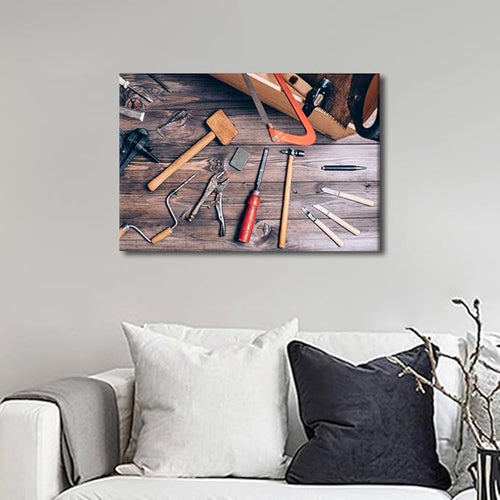 1 Panels Canvas Wall Art Instruments on Wooden Table Background Picture Hammer Cutter Utensil Poster Framed Artwork for Home Living Room Bedroom Wall Decor Ready to Hang (12" Wx18 H)