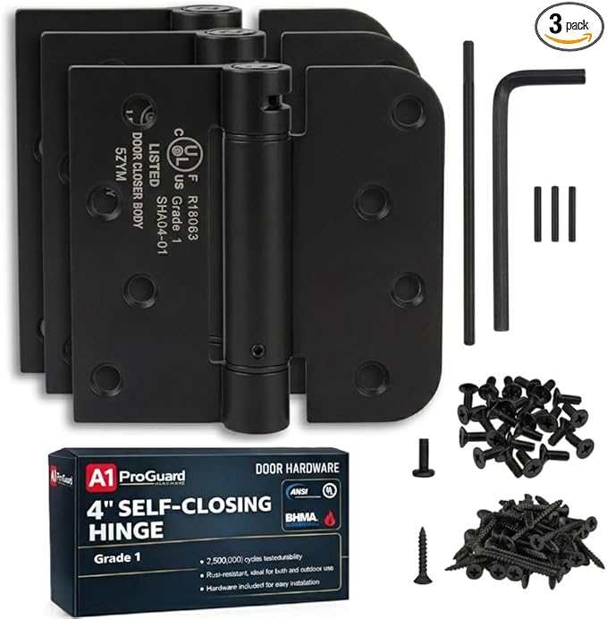 A1 ProGuard - Self Closing Spring Loaded Hinges, 4 Inch, Adjustable Tension for Garage, Front, Back Door,Door Closer Hinge, Left/Right Hand, 5/8'' Radius and Square Corners, Black Color, 3 Pack