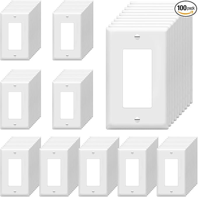 ENERLITES Decorator Light Switch or Receptacle Outlet Wall Plate, Size 1-Gang 4.50" x 2.76", Unbreakable Polycarbonate Thermoplastic, 8831-W-100PCS, White (100 Pack), UL Listed