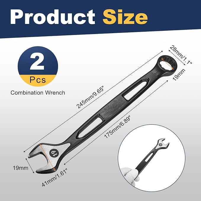 HARFINGTON 2pcs Combination Wrench 19mm Metric Extra Long 12-Point Box and Open End Carbon Steel Double Ended Industrial Grade Spanner for Automotive Furniture Machinery DIY Repair, Black