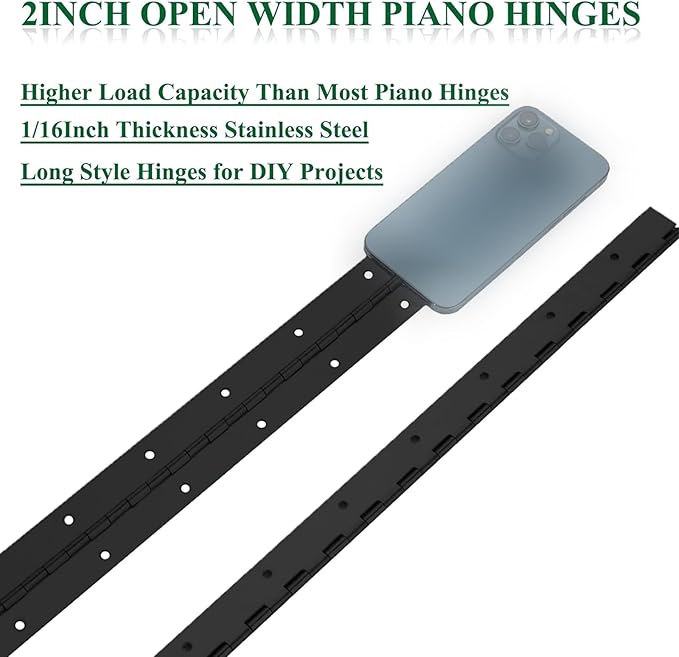 4Pack Heavy Duty Piano Hinge, 2" Open Width x 16" Continuous Hinges, 0.06" Thick Stainless Steel with Holes, Black Furniture Hinges for Cabinet Door Cases Woodworking