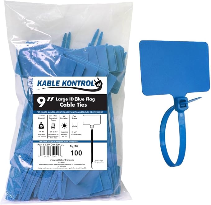 Kable Kontrol Cable Marker Identification Zip Ties 9 Inch 100 Pcs – Blue | Large ID Flag Label Straps, Self-Locking Write on Tags for Ethernet, Power, and Cord Labeling