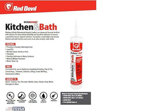 Red Devil 0405 Silicone Acrylic Caulk & Sealant, 100% Waterproof, Paintable, White Caulking for Kitchen, Bathroom, Window, With Duraguard, 5.5 oz, White, Made in USA