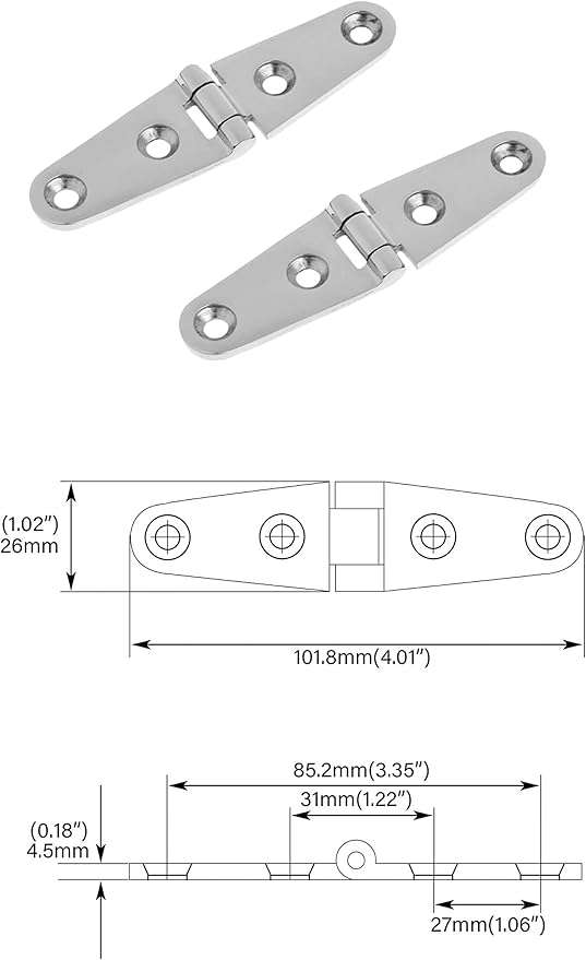 316 Stainless Steel Boat/Door Hinge ，Heavy Duty Marine Grade Cupboard Cabinet Drawer Door Strap Butt Hinge Furniture Hardware (Size: 4”X1”,2pcs)