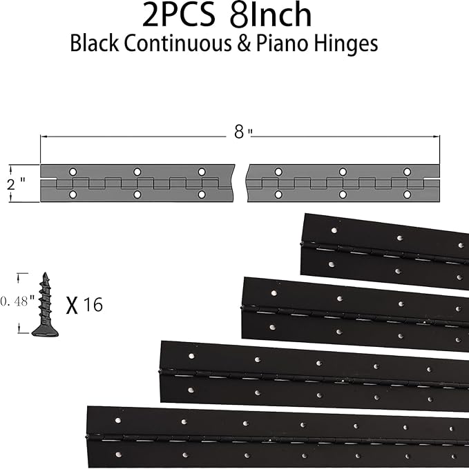 2PCS Black 8-Inch Heavy Duty Stainless Steel Piano Hinge,2" Open Width Continuous Piano Hinges for Wood Furniture Tool,Piano Cabinets, Includes Pre-Drilled Holes and Screws.