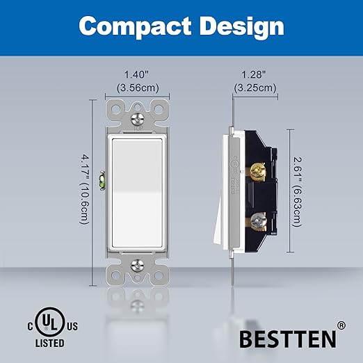 BESTTEN 40 Pack Single-Pole Light Switch, 15A 120/277V, Paddle Wall Switch, On/Off Rocker Interrupter, UL Listed, White