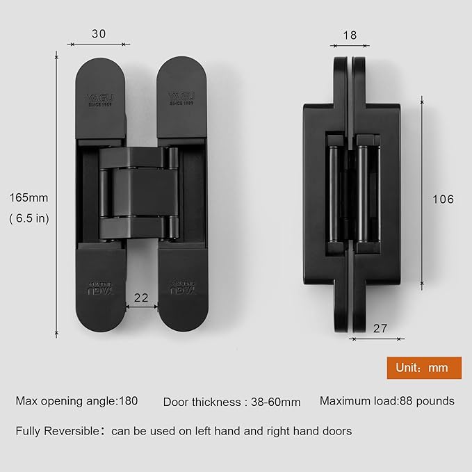 YAGU 6.5 inch Hidden Door Hinge 3 Way Adjustable Invisible Hinges for Doors Zinc Alloy Secret Door Hinges Concealed Door Butt Hinge 180 Degree Swing Black Door Hinge 1PC