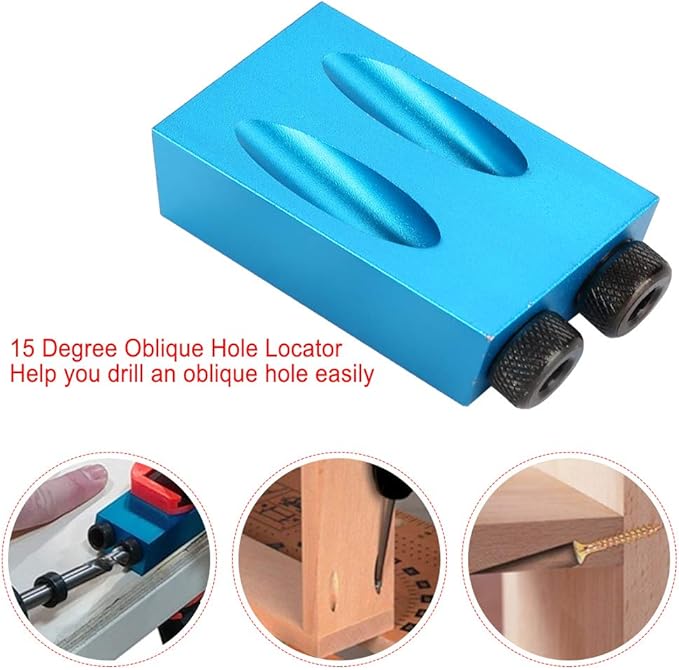Pocket Hole Jig Kit, 15 Degree Woodwork Oblique Hole Positioner 6/8/10mm for Woodworking Angle Drilling Holes, Angle Carpentry Locator Jig