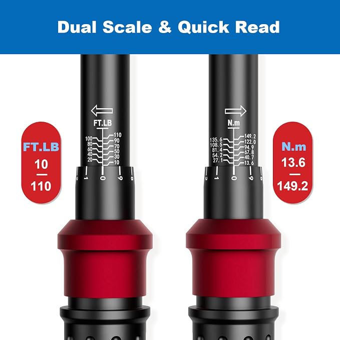 3/8" Click Torque Wrench, 10-110 ft-lb, for Lug Nuts & Spark Plugs | ±3% Accuracy, 13.6-149.2Nm, Dual-Direction 72-Tooth Ratchet, Click Alert, for Engine, Suspension, Motorcycle & Car Repair