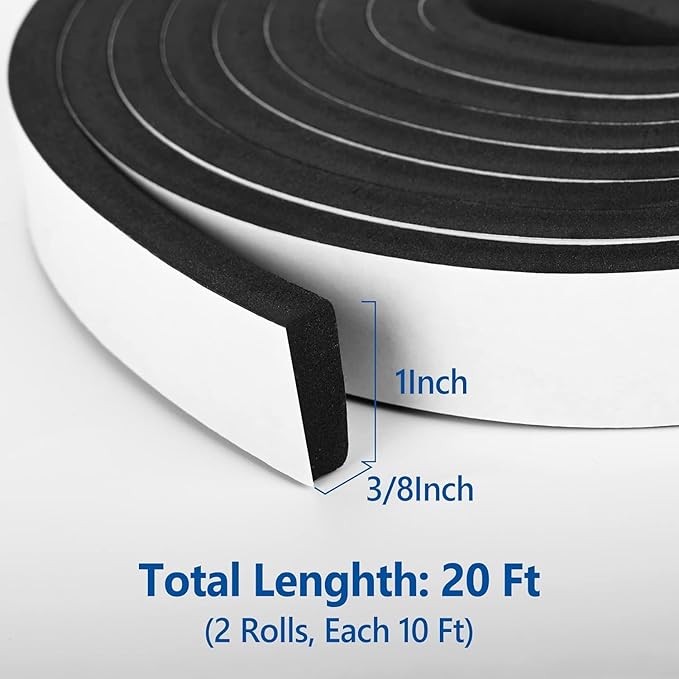 Kikerike Self Adhesive Foam Tape Weatherstrip 1In x 3/8In x 20Ft High Density Foam Insulation Strips Seal Weather Stripping with Strong Adhesive for Door and Window Sound Isolation Soundproofing