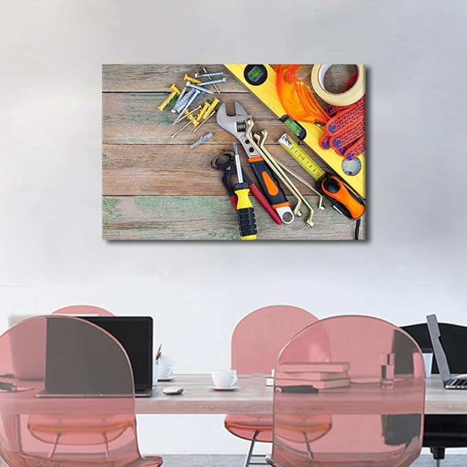 TUMOVO 1 Panels Wall Art for Office Orange Tool Theme Set of Various Construction Tools on a Wooden Background Top View Poster Canvas Print Artwork Home Study Repair Shop Wall Decor ((16" Wx24 H)