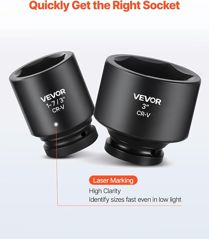 VEVOR 1 in Drive Impact Socket Set, 21 Piece, SAE (1-5/8" to 3-1/8") | 6 Point Shallow Cr-V Impact Sockets, with 8 in & 18 in Extension Bars, 24 in Ratchet, Size Markings, Storage Case