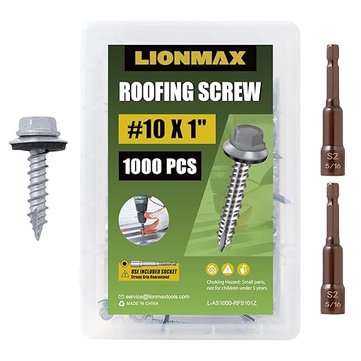 LIONMAX 1000-PCS Metal Roofing Screws #10 × 1 Inch, Rustproof Coating Hex Head Sheet Metal to Wood Siding Screw with Rubber Washer, Sharp Point, Hex Socket Included