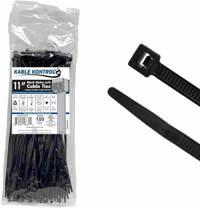 Kable Kontrol Cable Zip Ties 100 Pcs 11 Inch Black, 50 Lbs Tensile Strength, Self-locking UV Resistant Plastic Nylon Wire Ties, for Indoor or Outdoor Use