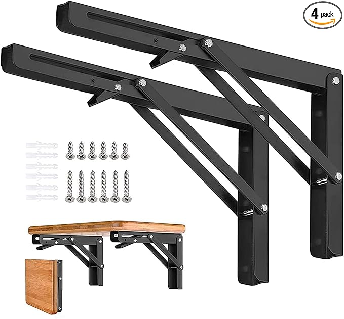 Folding Shelf Brackets 22 inch 4 Pcs - DIY Wall Mounted Shelf Bracket for Garage Workstation, Stuff Supports, Plant Stand - Heavy Duty Collapsible Shelf Bracket Black