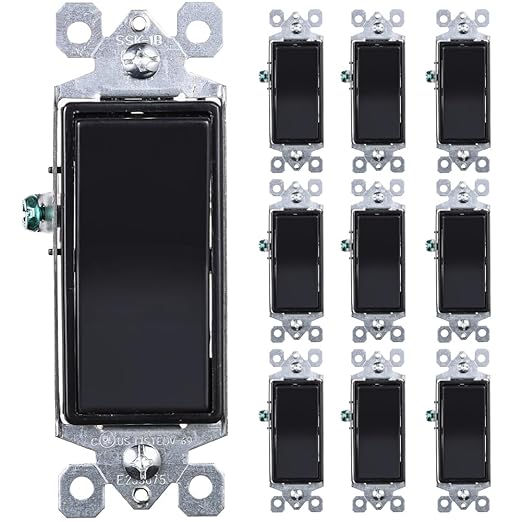 Faith [10-Pack] 3-Way Decorator Paddle Wall Light Switch, 15A 120/277V, On/Off Rocker, Black