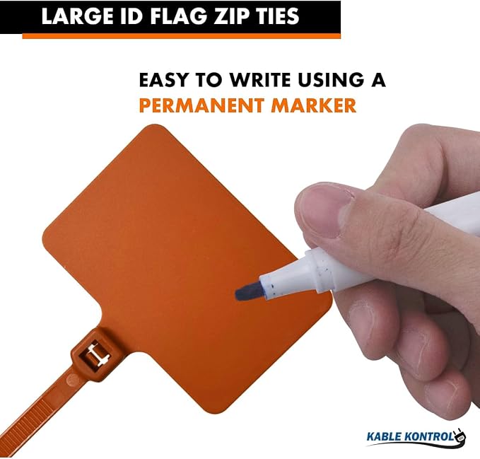 Kable Kontrol Cable Marker Identification Zip Ties 9 Inch 1000 Pcs – Orange | Large ID Flag Label Straps, Self-Locking Write on Tags for Ethernet, Power, and Cord Labeling