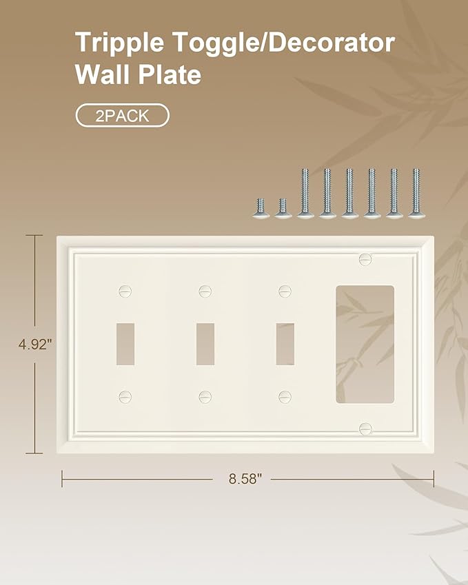 2-Pack Combo Triple Toggle/Decorator Outlet Cover Plate, Light Almond Decorative Switch Plates and Outlet Covers, Durable Natural Bamboo Fiber Wall Plate for Electrical Outlet, Receptacle, GFCI Outlet