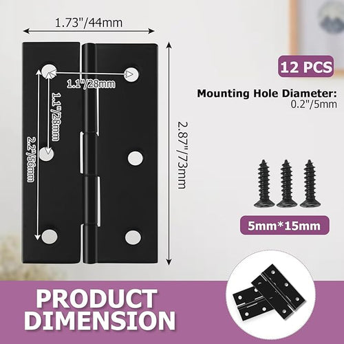 12pcs Butt Hinges Black Door Hinges, 2.87" x 1.73" Cabinet Door Hinge, Flat Folding Box Hinges for Jewelry, Wooden Box, Small Cupboard Furniture Hinges