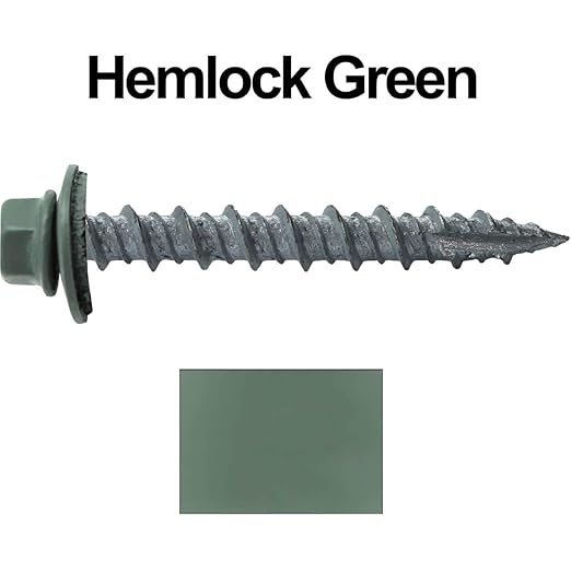 10 x 1-1/2" Hemlock Green Metal Roofing Screws - Hex Washer Head- Self-Starting/Tapping - EPDM Washer. 8 X 250 Bags - 2,000 Screws