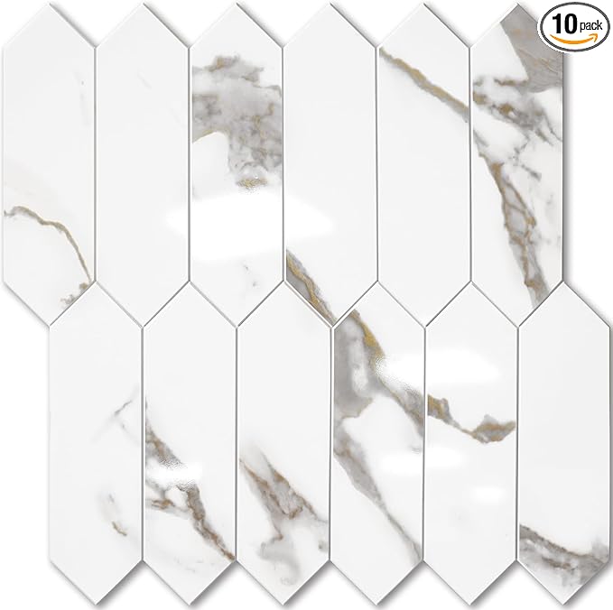 Vamos Tile Glossy White Marble with Gold Veining Backsplash Tile Peel and Stick, 12.8 x 12.8 Inch 10 Sheets Long Hexagon PVC Self Adhesive Mosaic Tiles Stick on Backsplash for Kitchen and Bathroom