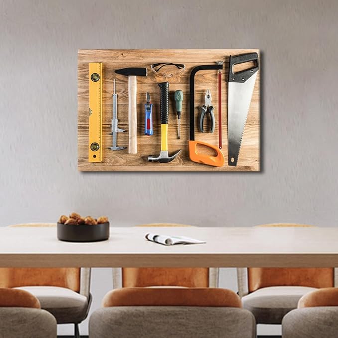 TUMOVO Wall Art for Office Wall Art Assorted Work Tools on Wood Background 1 Panels Picture Canvas Print Artwork Home Study Repair Shop Wall Decor Modern Hammer and Ruler Poster ((16" Wx24 H)