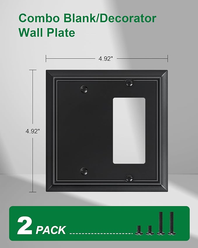 2-Pack Combo Blank/Decorator Wall Plates, Black Decorative Switch Plates and Outlet Covers, Durable Natural Bamboo Fiber Wall Plates for Electrical Outlets, Receptacle, GFCI Outlet, Dimmer Switch