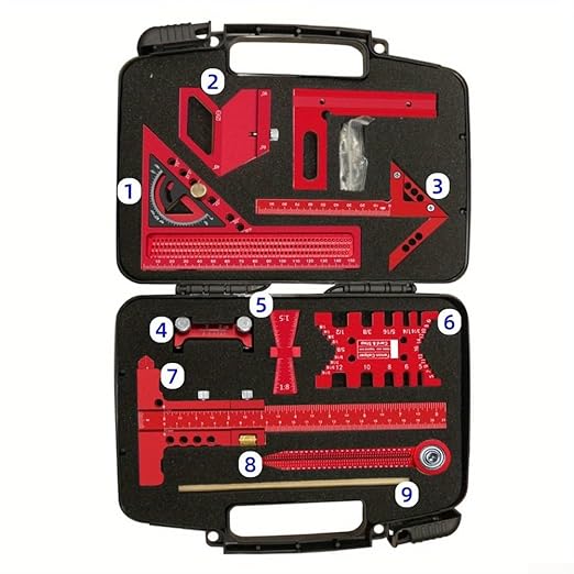 Aluminium Woodwork Measuring and Scribing Tool Set - 9 Piece Precision Kit for Carpentry and DIY Projects with Storage Box(9 Pieces.)