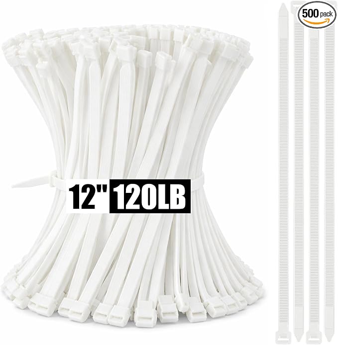 Reallnaive 500 Pcs 12 Inch Zip Ties Heavy Duty 120 Lbs Tensile Strength White Nylon Wire Cable Ties Bulk for Indoor Outdoor