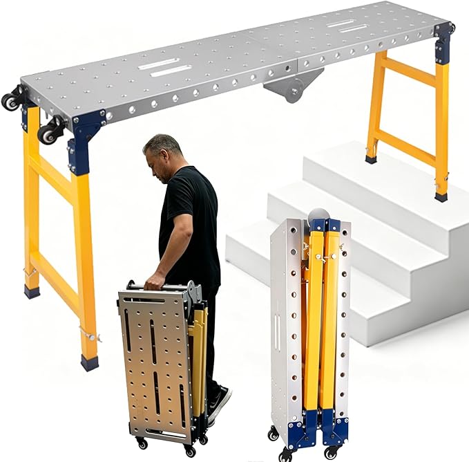 Adjustable Height Work Platform 2000 LBS 65"x12", Height 29" to 48" Folding Steel Work Bench, Portable Scaffold Ladder for Drywall, Painting & Home Renovation