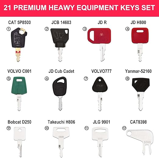 21-Piece Heavy Equipment Key Set: Universal Master Keys Compatible with CAT, John Deere, Komatsu, Kubota, JCB, Bobcat & 10+ Brands Durable Ignition Keys for Construction Operators