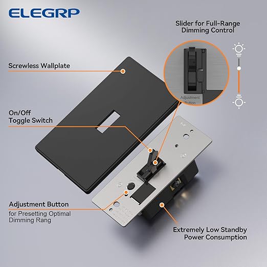 ELEGRP Digital Dimmer Switch for LED/CFL, Toggle Dimmer Switch with Decorative Frameless Design Wallplate, Single Pole/3-Way, UL Listed, 1 Pack, Black