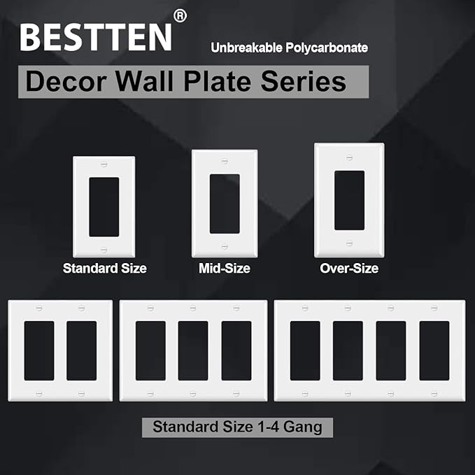 BESTTEN 20 Pack Receptacle Wall Plate, 1-Gang Standard Size Decorator Outlet and Switch Cover, Unbreakable Polycarbonate, H4.53” x W2.76”, UL Listed, White