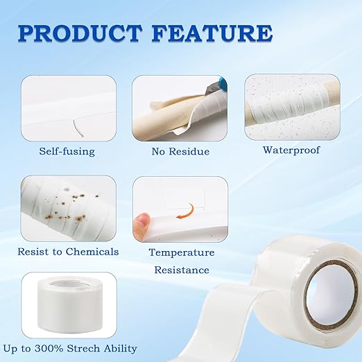Self Fusing Silicone Tape 1 Inch x 5FT, 0.5mm Thickness Waterproof Repair Tape for Plumbing, Hose, Pipeline & Electrical Cable Winding Emergency Leak Seal for Hot Cold Pipes (1.5M*0.5MM White)