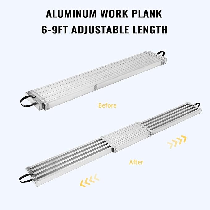 GAOMON Telescoping Work Plank, Aluminum Plank, Adjustable Work Platform 440LBS Capacity, Extension Scaffolding Plank with Skid-Proof Platform, Scaffold Ladder Accessory (6FT-9FT - Sliver)