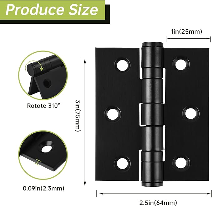 3in Ball Bearing Door Hinges 3 Pack, Small Black Heavy Duty Stainless Steel Hinges for Interior Exterior Doors, with Stainless Steel Screws, Max Loading 100LBs/Set, Black Matte